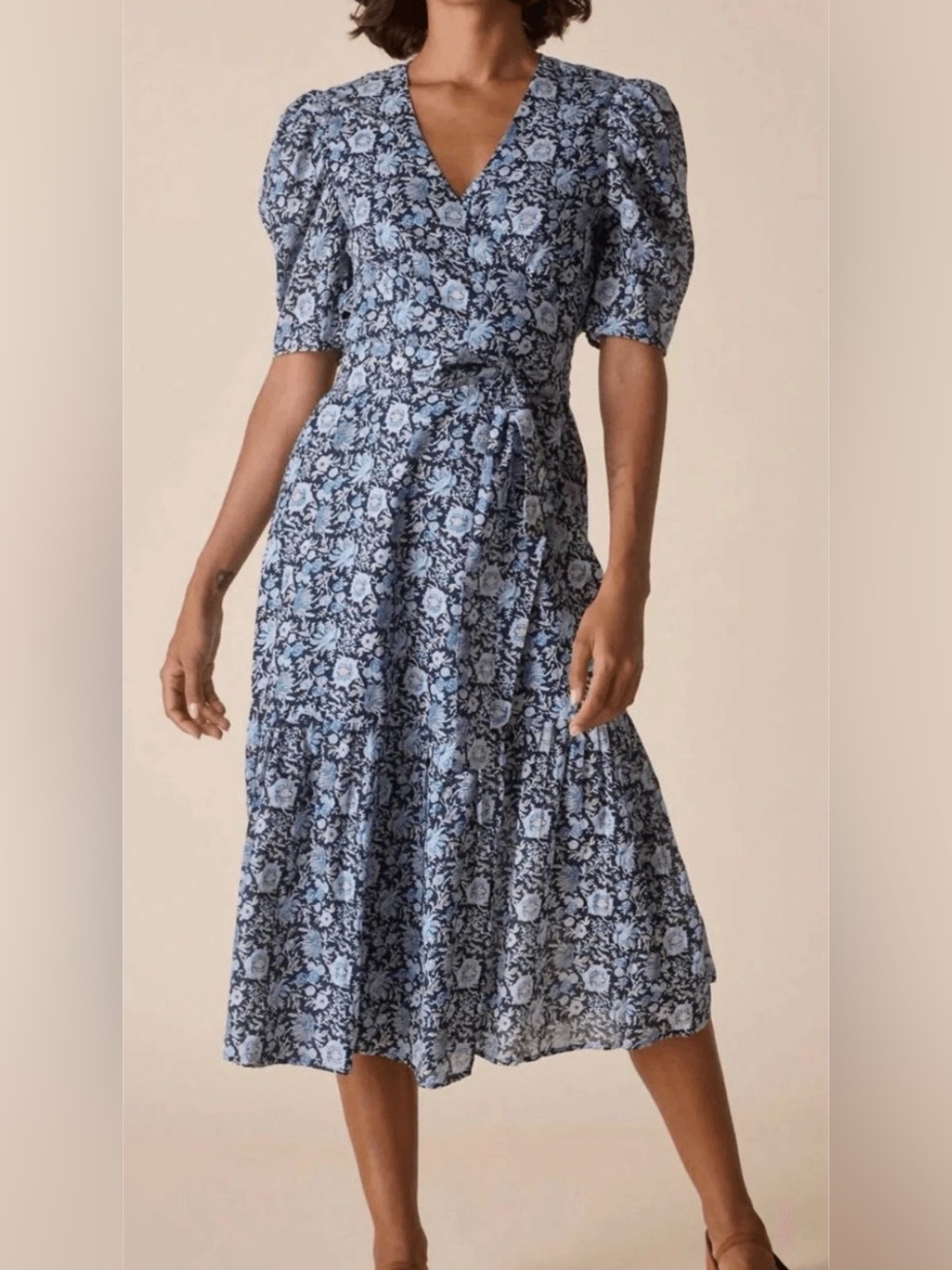 NWT ST. Roche Pearl Organic Cotton Floral Wrap Midi Dress Blue Handwoven